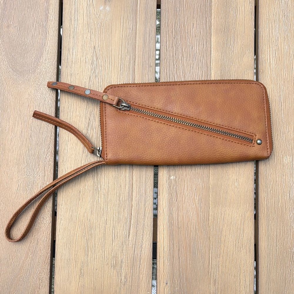 Free People Free Vegan Faux Leather Zip Around Wristlet Wallet Brown Studded EUC